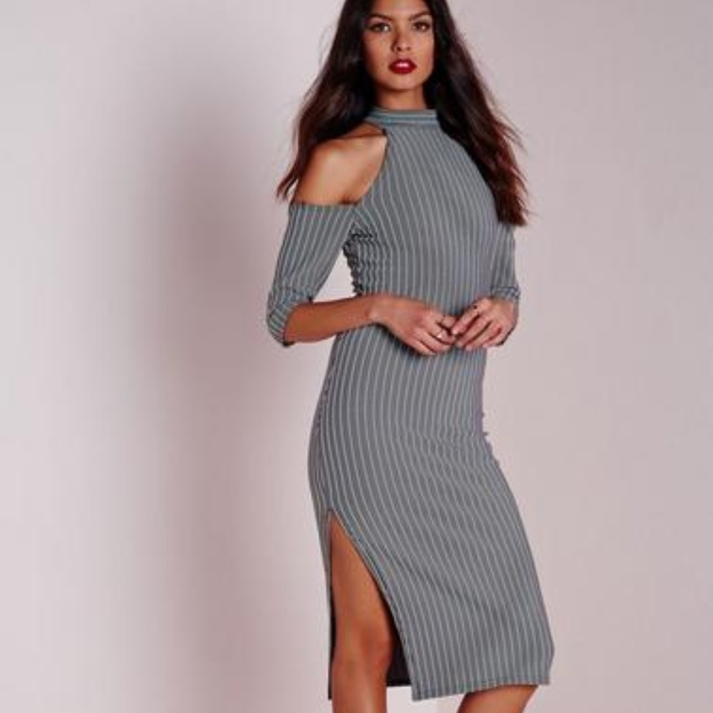 Cold shoulder textured stripe midi dress grey
